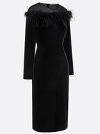 Black Feather-trimmed Mesh Velvet Crew Neck Long Sleeve Sheath Midi Dress