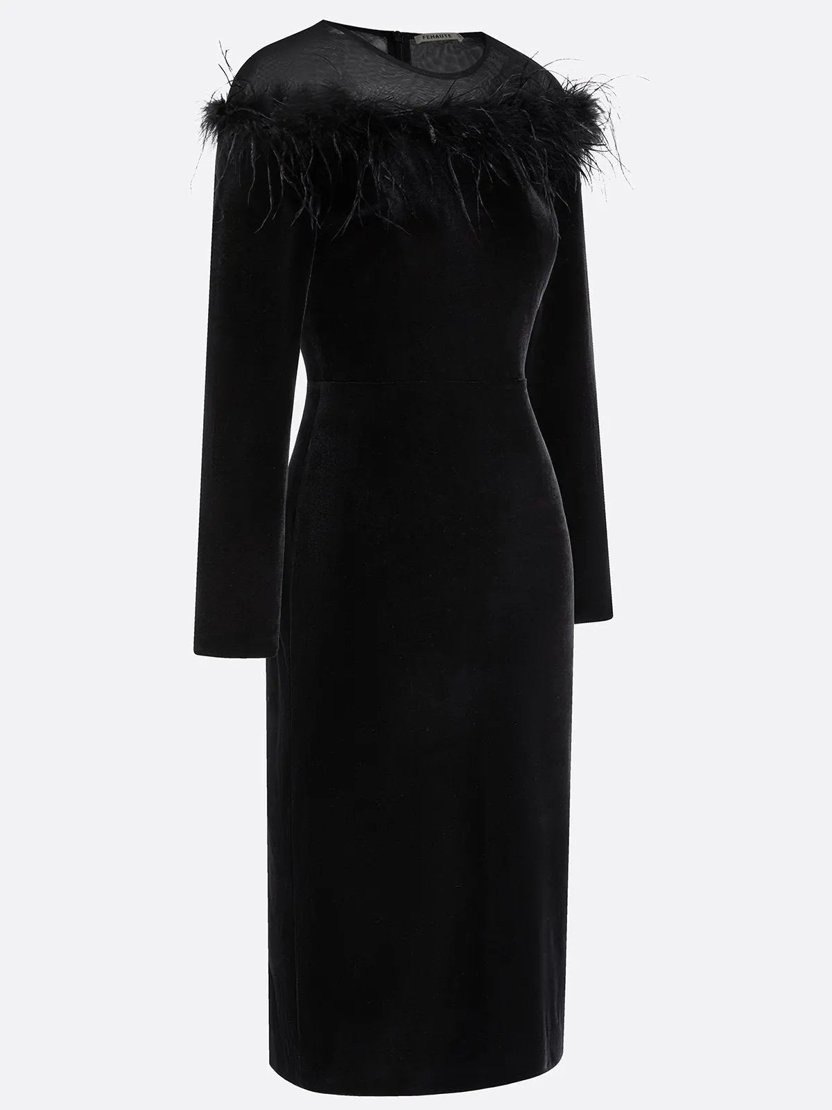 Black Feather-trimmed Mesh Velvet Crew Neck Long Sleeve Sheath Midi Dress