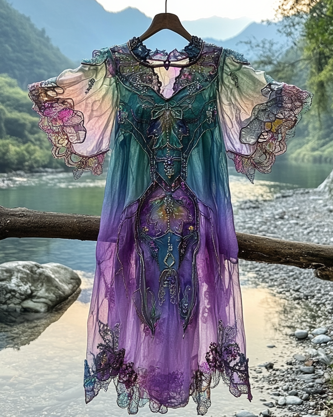 Summer Vacation Gradient Beaded Ruffle Dress f406