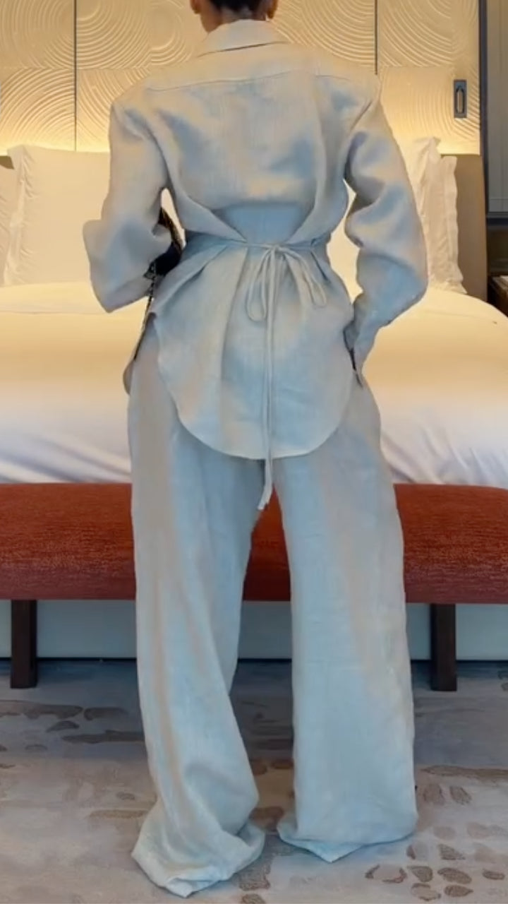Women's Lapel Linen Fitted Wide-Leg Suit