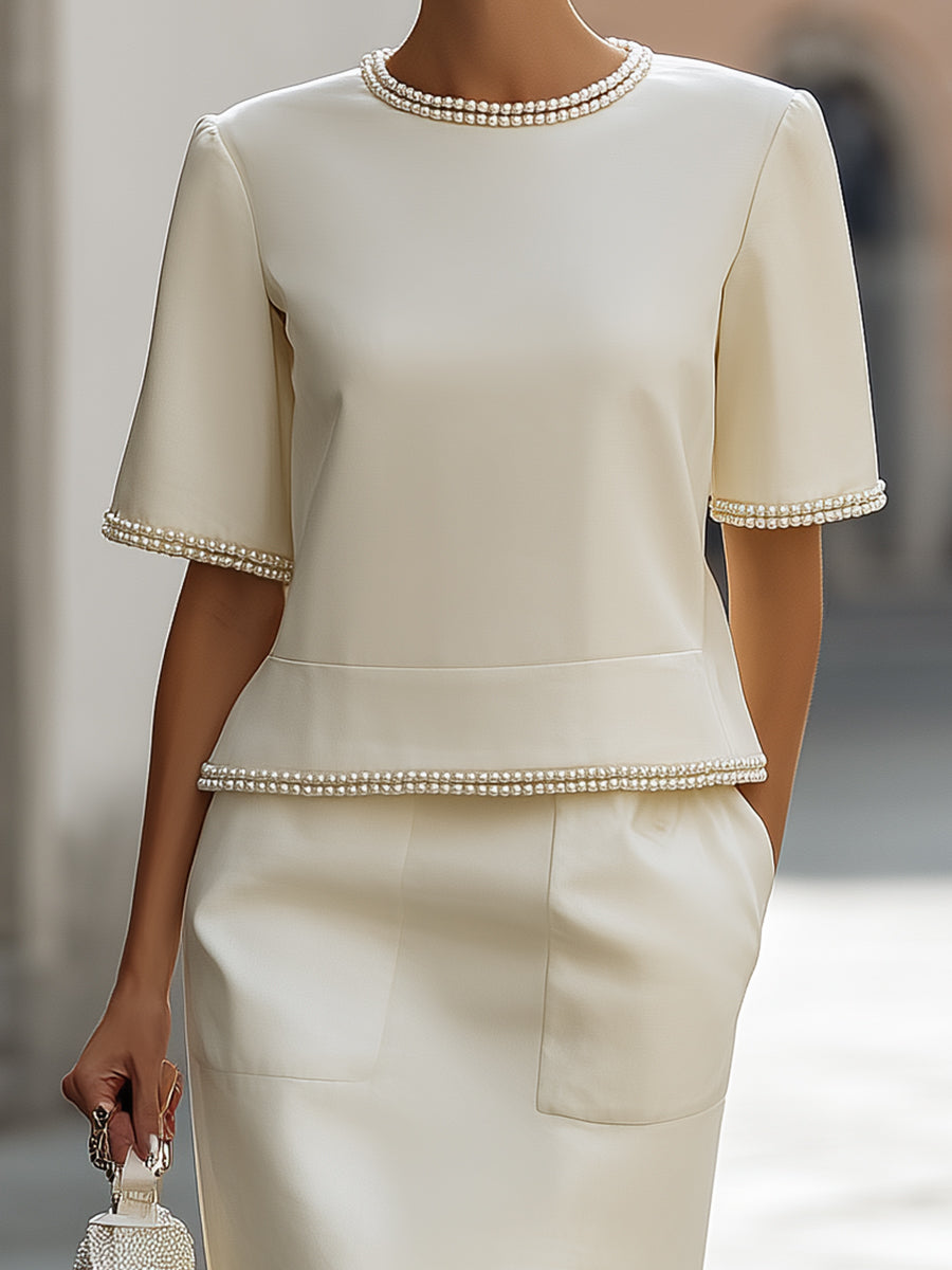Elegant Pearl-Trimmed Two-Piece Midi Skirt Set