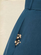 Midi Cotton Dress, Half Sleeve, V Neck, Plain, Button Design, French Vintage, Navyblue