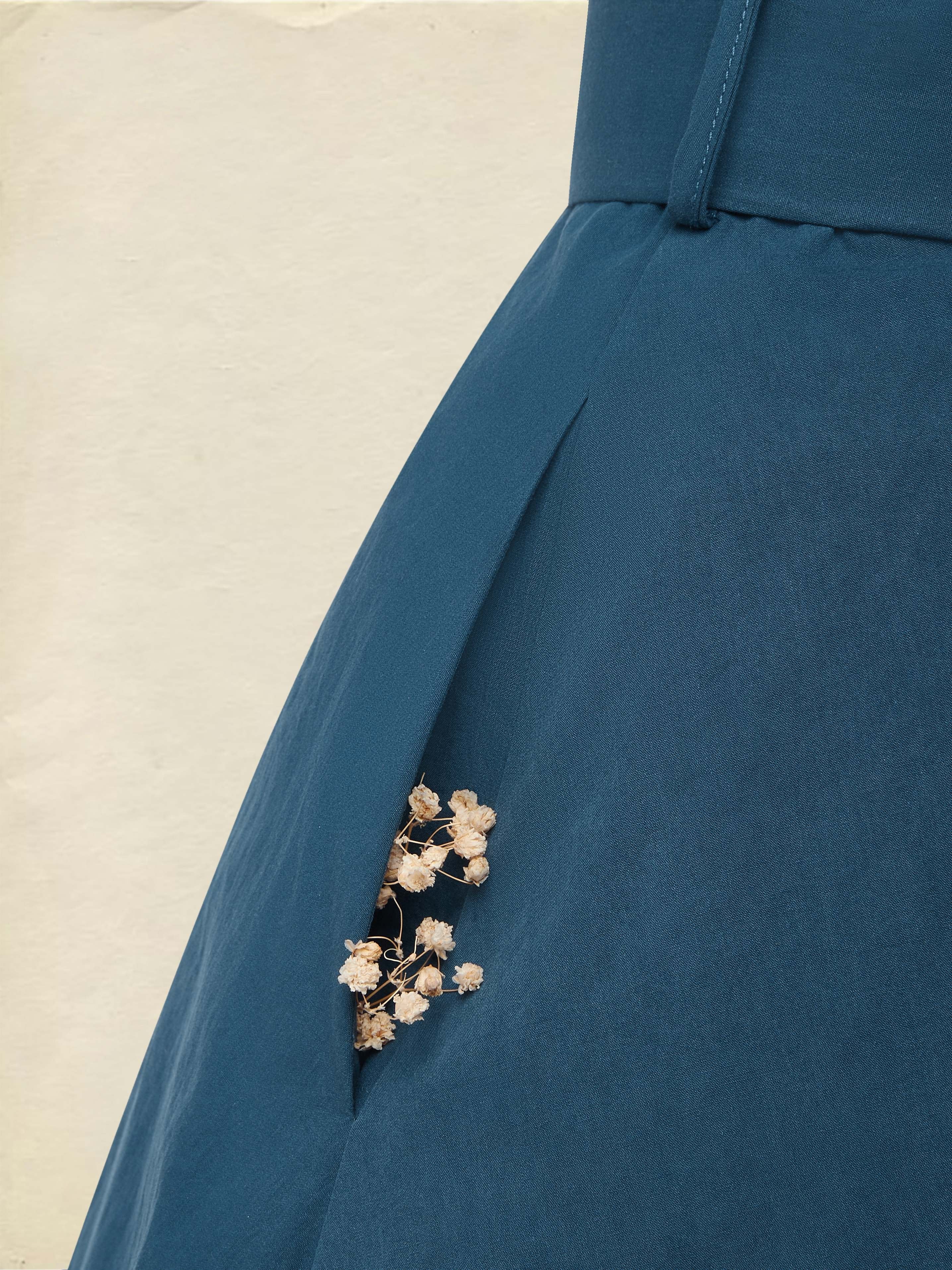 Midi Cotton Dress, Half Sleeve, V Neck, Plain, Button Design, French Vintage, Navyblue