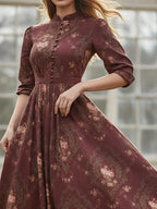 Maxi Linen Dress, Long Sleeves, Stand Collar, Floral, Button Design, Vintage, Red