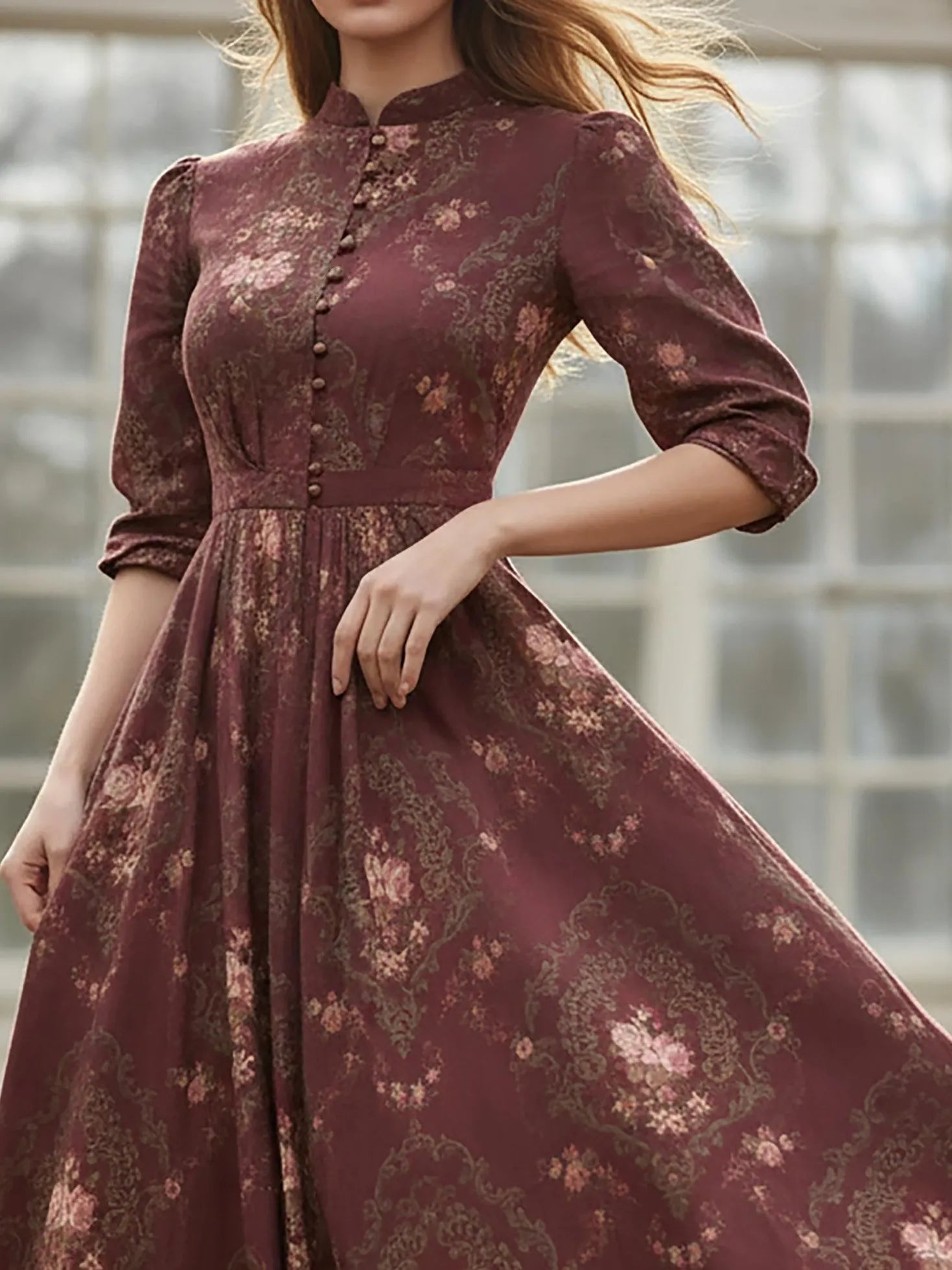 Maxi Linen Dress, Long Sleeves, Stand Collar, Floral, Button Design, Vintage, Red