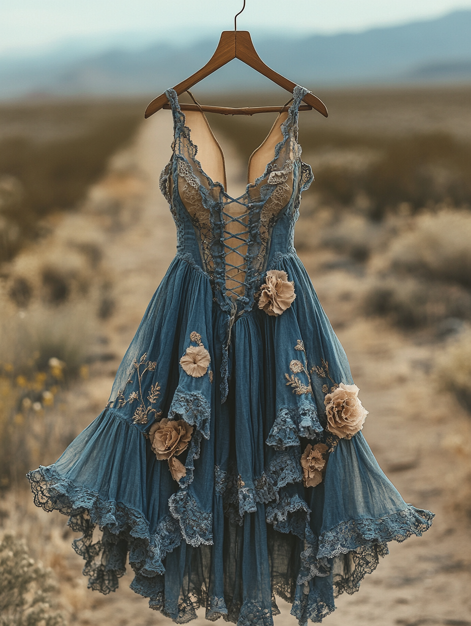 Summer Handmade Lace Denim Patchwork Dress 8d03