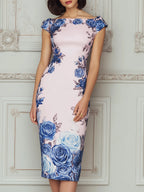 Blush Pink Boat Neck Blue Rose Print Midi Dress