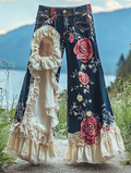 Summer ruffled denim cotton and linen patchwork contrast color pants b72a