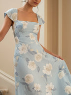 Maxi Linen Dress, Short Sleeves, Square Neck, Floral, Vintage, Blue