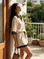 Beige Linen-Blend Contrast Trim Ruched Top & Drawstring Shorts Two-Piece Set
