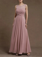 Pink Ruched Chiffon Crew Neck Sleeveless A-Line Maxi Bridesmaid Dress
