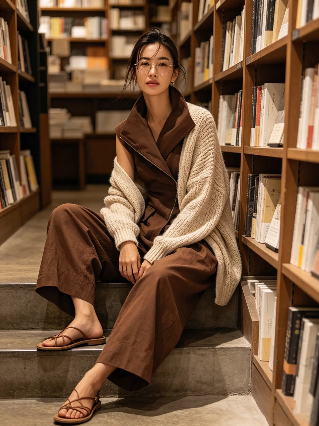 Chocolate Brown Cotton-Linen Blend Asymmetric Zip Vest & Barrel Pants Two-Piece Set