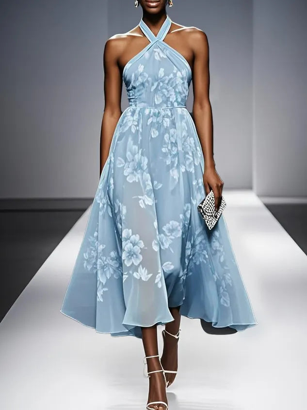 Yellow Floral Jacquard Chiffon Halter Sleeveless A-Line Midi Dress