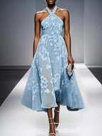 Yellow Floral Jacquard Chiffon Halter Sleeveless A-Line Midi Dress