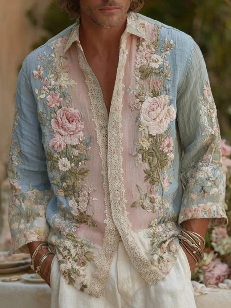 Men's Floral Embroidered Casual Long-sleeved Shirt