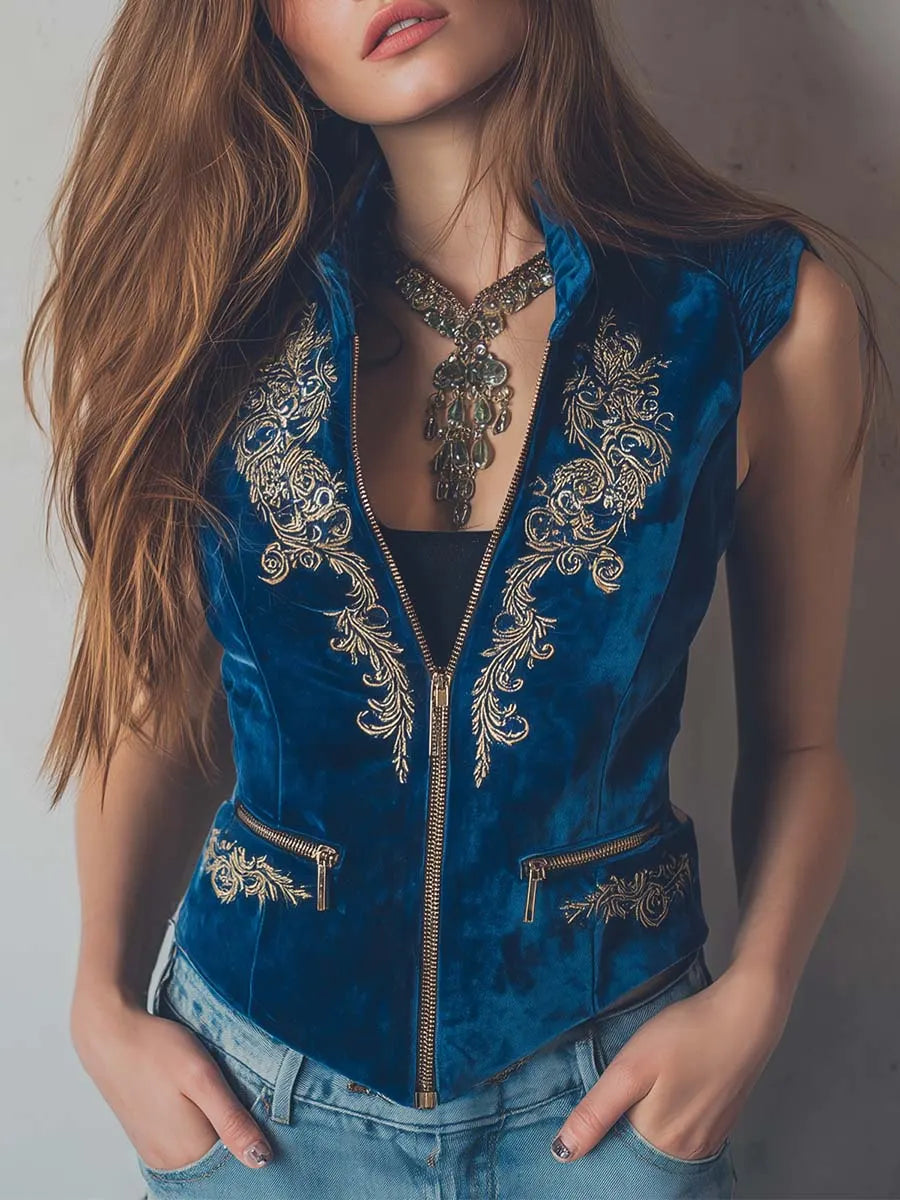 Zippered Boho Royal Blue Embroidered Velvet Vest