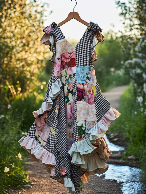 Summer Handmade Floral Houndstooth Patchwork Dress bc99