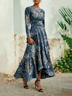 Maxi Linen Dress, Long Sleeves, Round Neck, Floral, Ruffles, Vintage, Deep Blue