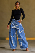 Fringe Rhinestone Star Cargo Wide Leg Jeans