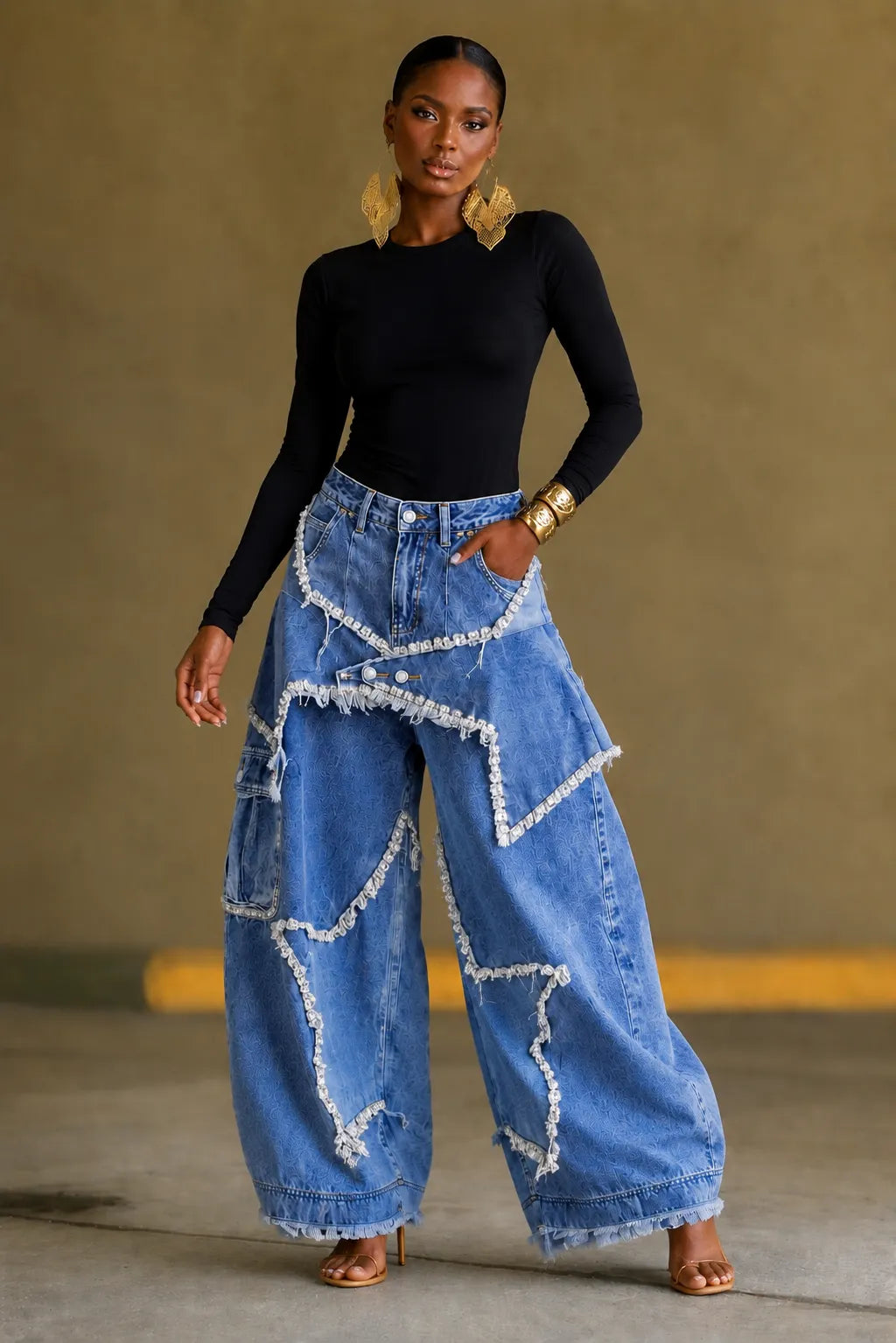 Fringe Rhinestone Star Cargo Wide Leg Jeans