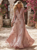 Boho Pink Roses Embroidered V Neck Flowy Maxi Dress