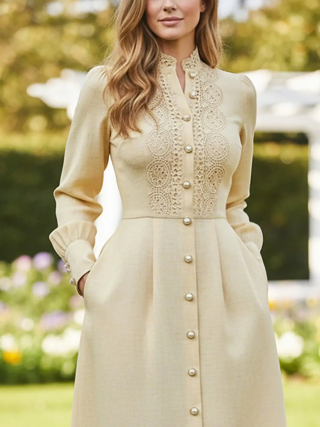 Midi Cotton Dress, Long Sleeves, Stand Collar, Plain, Lace, French Vintage, Beige