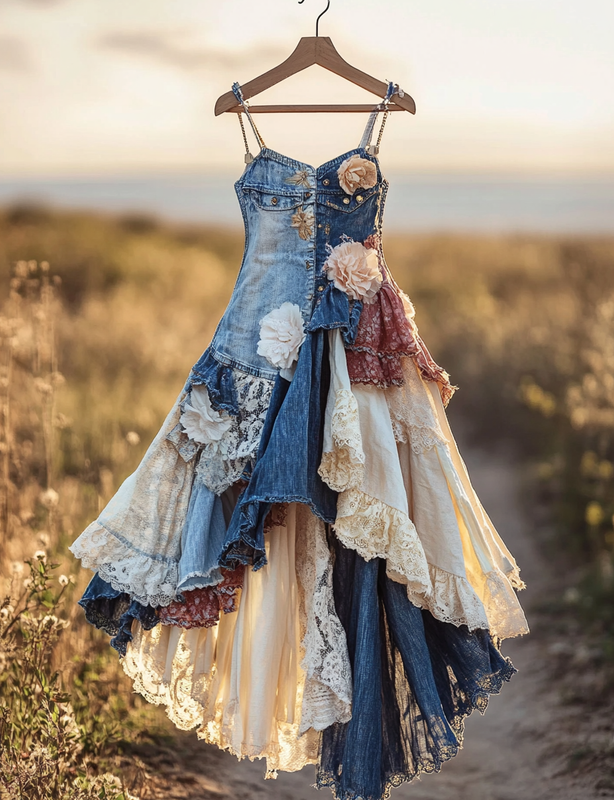 Summer Handmade Lace Denim Patchwork Dress eeb5