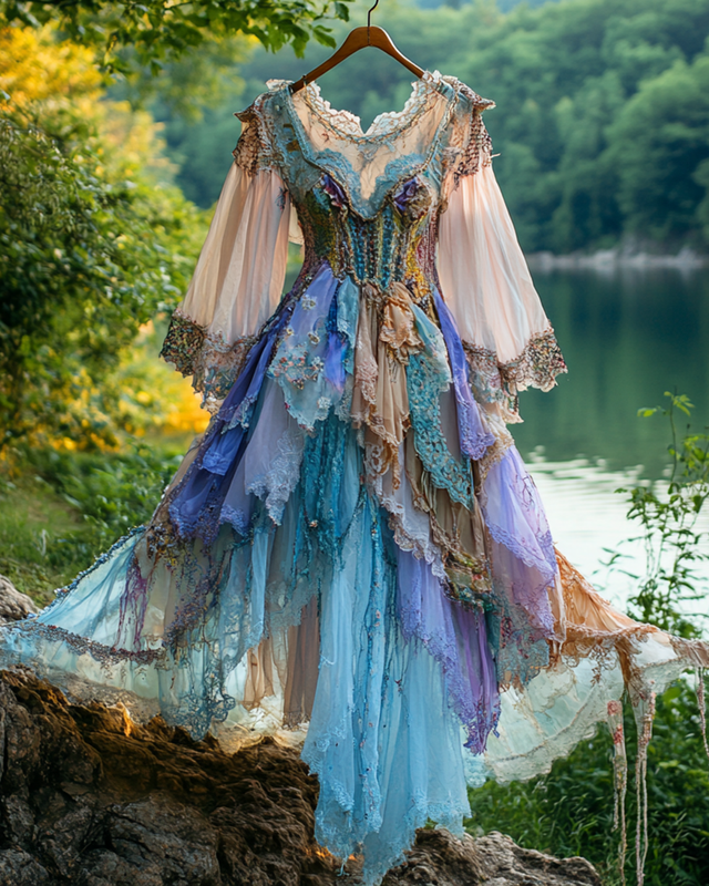 Summer Irregular Lace Patchwork BeadedRuffle Dress 621d