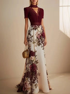 Wine Red Lace Floral Satin V Neck Short Sleeve A-Line Maxi Dress