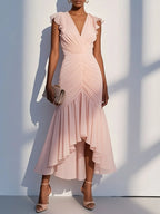 Pink Shirred Ruched Chiffon Lotus Leaf Collar Cap Sleeve Ruffle Sleeve Mermaid Midi Dress