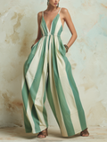 Green & Cream Stripe Deep V-Neck Wide-Leg Jumpsuit