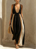 Black & Beige Color-Block Linen-Cotton Deep V-Neck Drawstring Maxi Dress