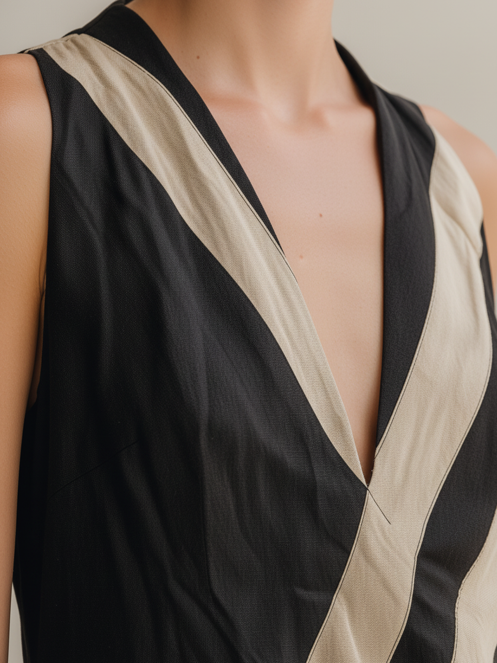Black & Beige Diagonal Striped Sleeveless Maxi Dress
