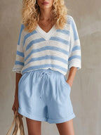 Casual Knitted Pullover Top And Linen-cotton Shorts Two-piece Set