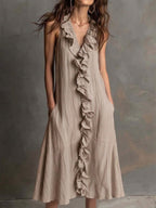 Casual Ruffle-collar Linen And Cotton Dress