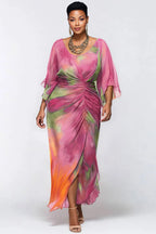 Xpluswear Design Plus Size Cocktail Party Purple Tie Dye Round Neck Flare 3/4 Sleeve Ruched Chiffon Maxi Dresses