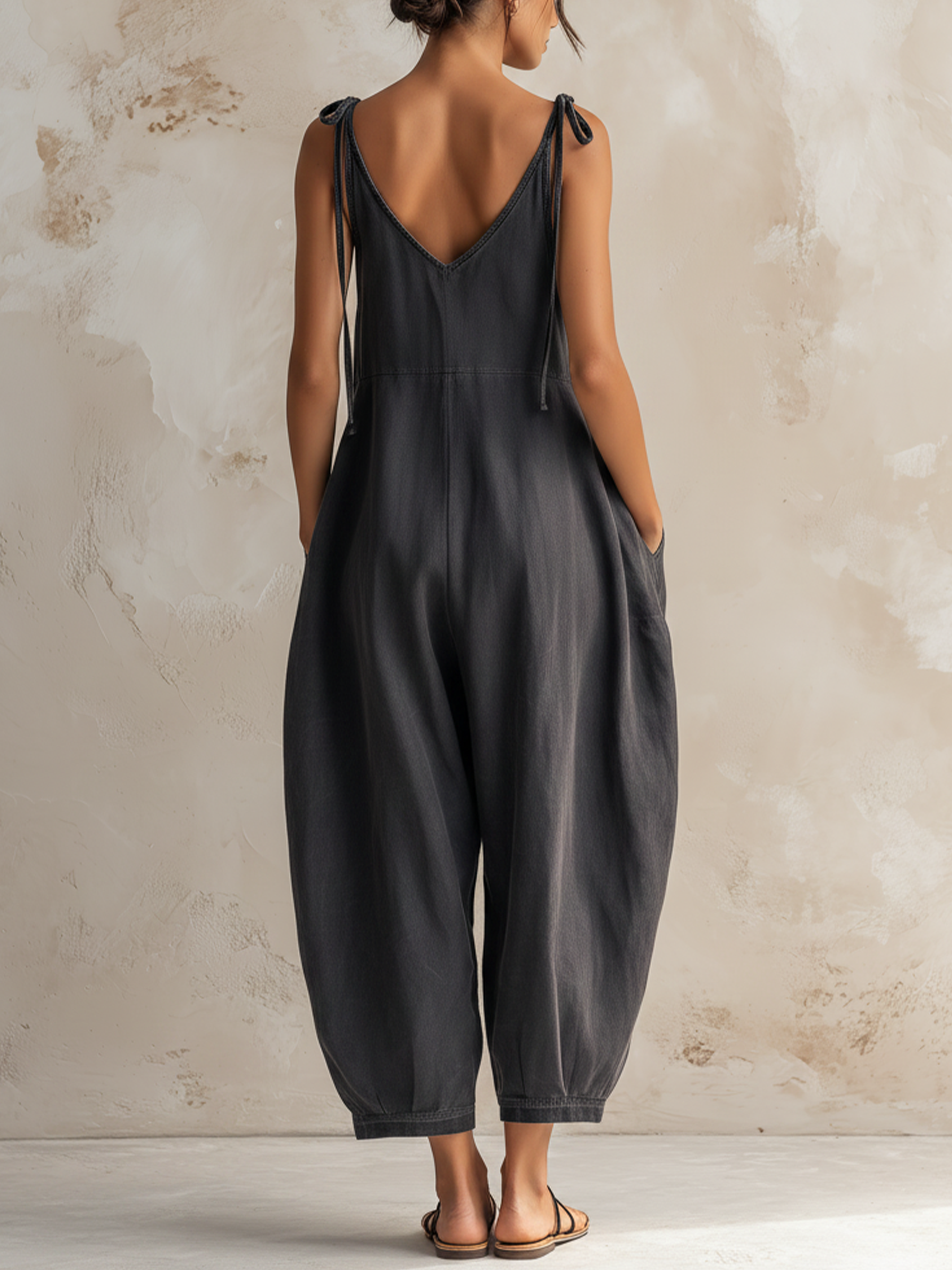Washed Dark Gray Tencel Denim Tie Strap Harem Jumpsuit