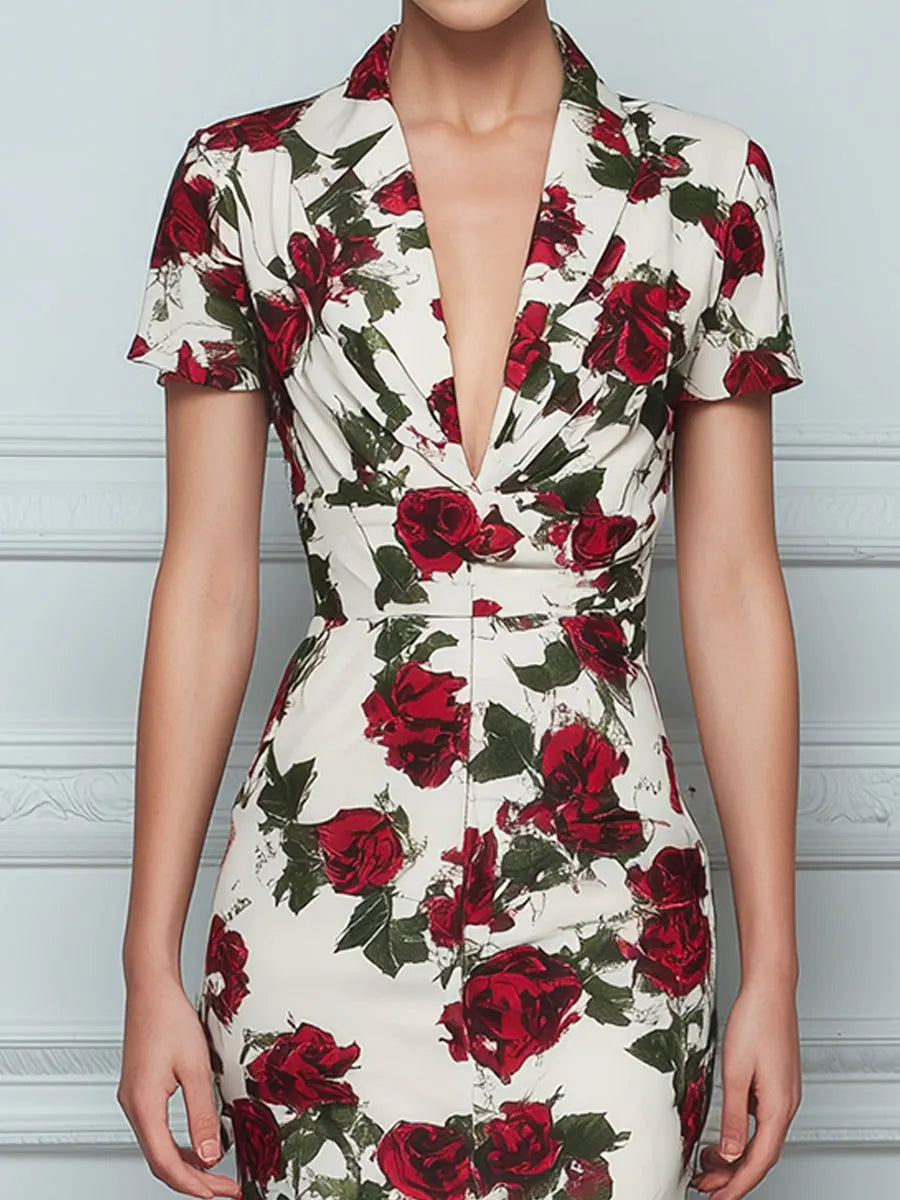 Deep V-Neck Floral Print Tailored Sheath Midi Dress