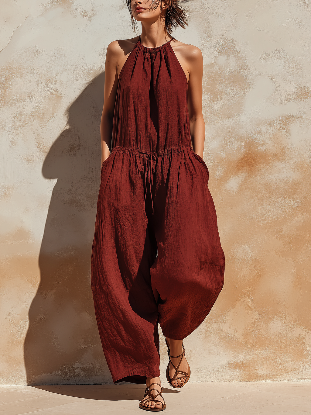 Burgundy Linen Blend Halter Neck Harem Jumpsuit