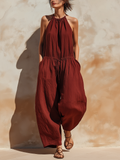 Burgundy Linen Blend Halter Neck Harem Jumpsuit
