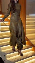 Satin High Neck Long Sleeve Top & Asymmetrical Overlay Balloon Pant Two Piece Set
