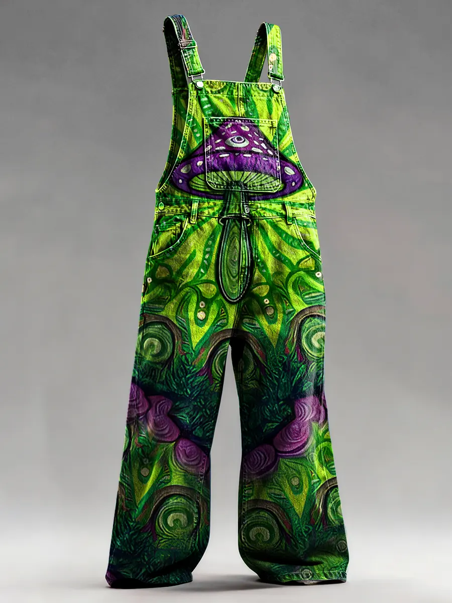 Men's Casual Retro Multicolor Hippie Mushroom Prints Denim Overalls