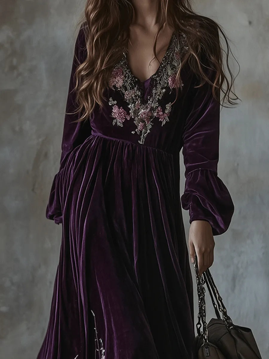 Vintage Floral Embroidered Velvet Maxi Dress
