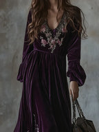 Vintage Floral Embroidered Velvet Maxi Dress