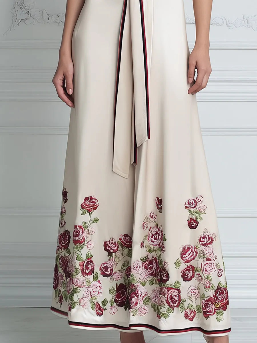Deep V-Neck Draped Waist Floral Hem A-Line Maxi Dress