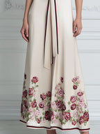 Deep V-Neck Draped Waist Floral Hem A-Line Maxi Dress