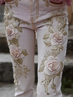 Classy Pink Roses Glitter Embroidered Skinny Jeans