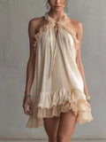 Beige Ruffled Trim Patchwork Chiffon Mini Dress