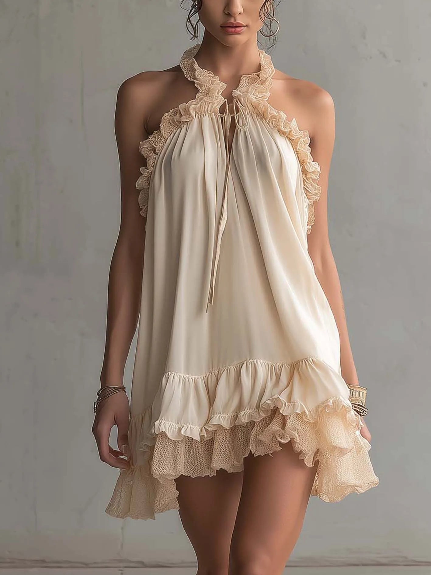 Beige Ruffled Trim Patchwork Chiffon Mini Dress