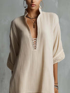 Beige Lace Trim Tie Neck Mini Dress With Stand Collar